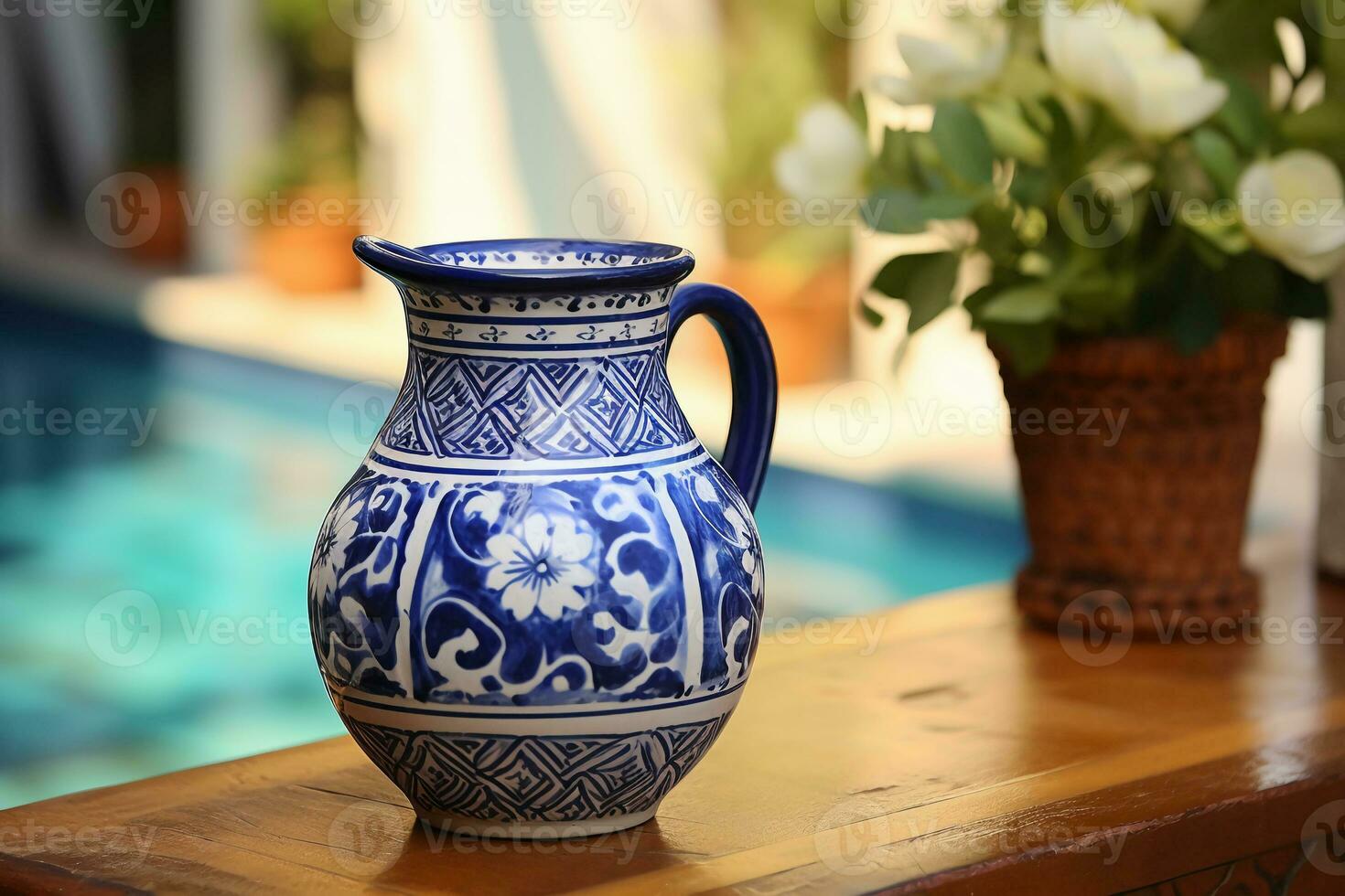 inspired pitcher vase made of hand painted ceramic, adorned with vibrant blue and white patterns. AI generative photo