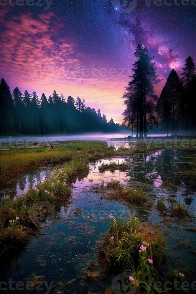 Dreamland's glowing lavender fields and iridescent forests bordering a serene. AI generative photo