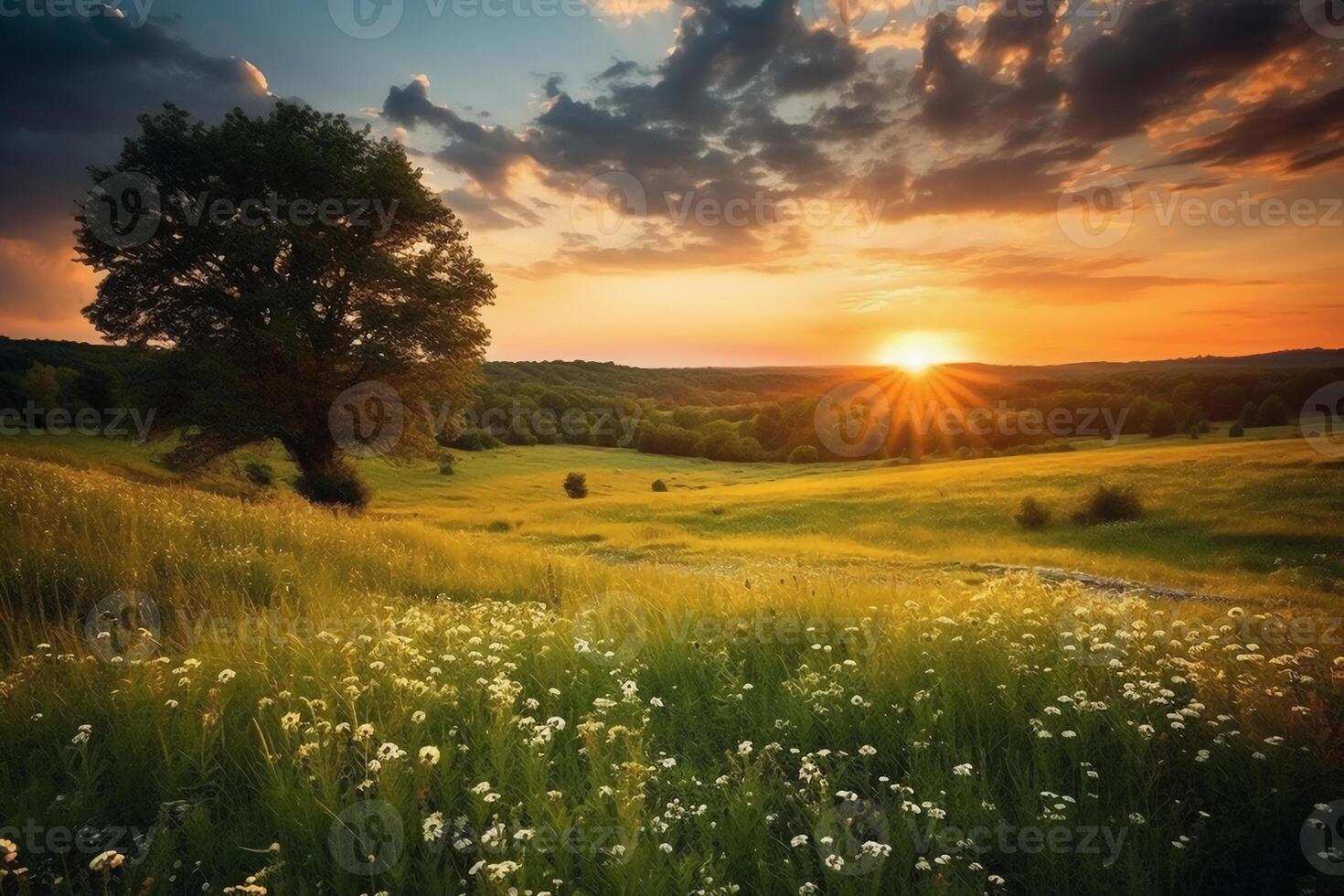 puesta de sol terminado un campo con naturaleza. ai generativo foto