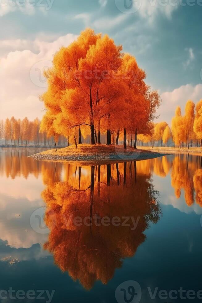 Stunning detail reflection of the golden and orange katsura trees around the natural round lake. photo