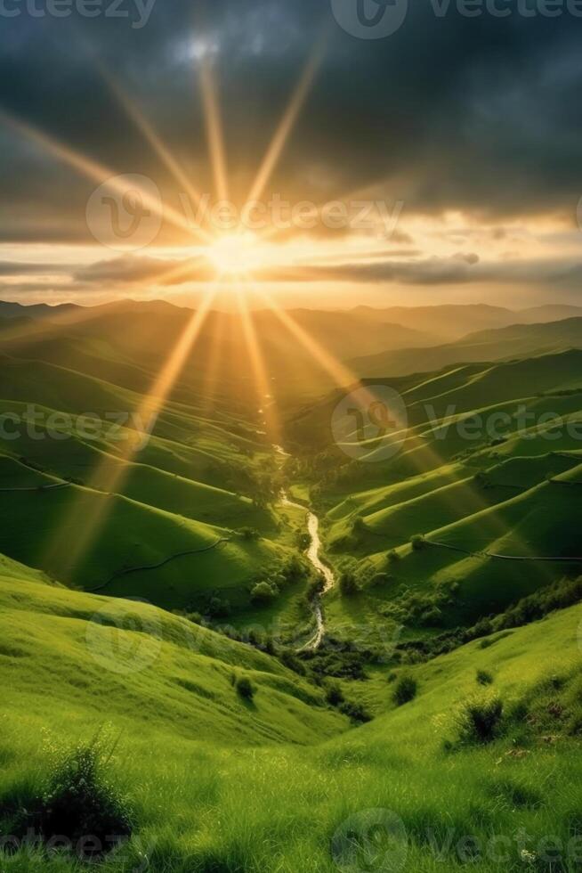 el Dom sube terminado un ladera con herboso campos y un zona con un colina. ai generativo foto