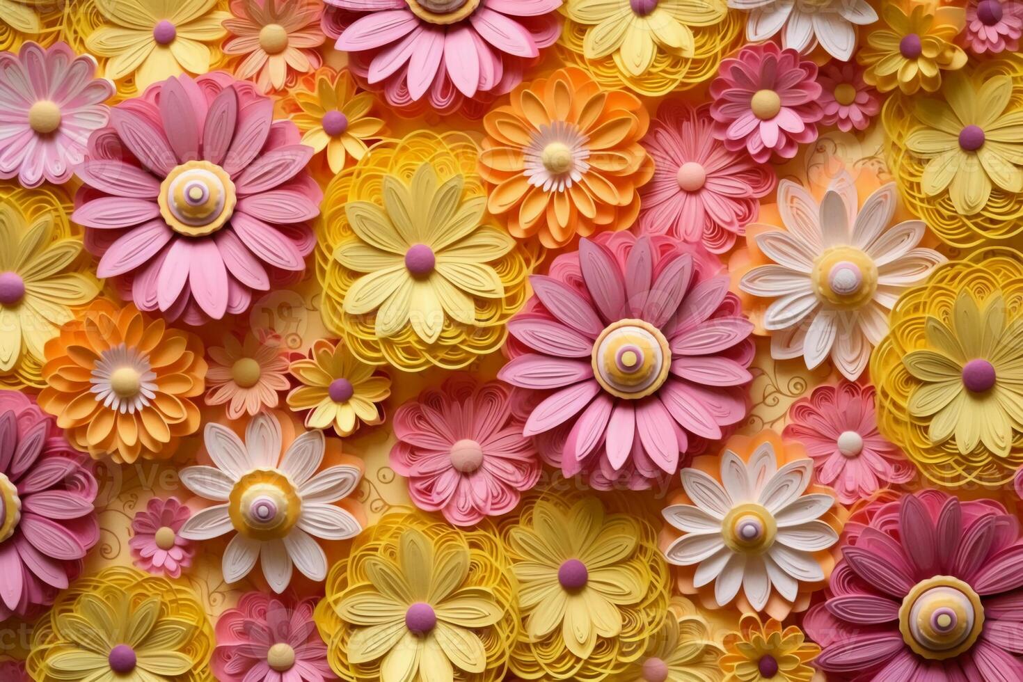 3D yellow and pink flowers layered forms, paper quilting pattern, vibrant colors. photo