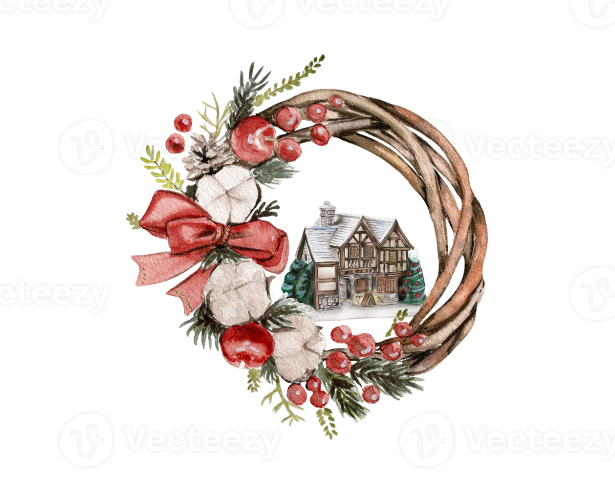 Christmas wreath with fir branches and red flowers. png