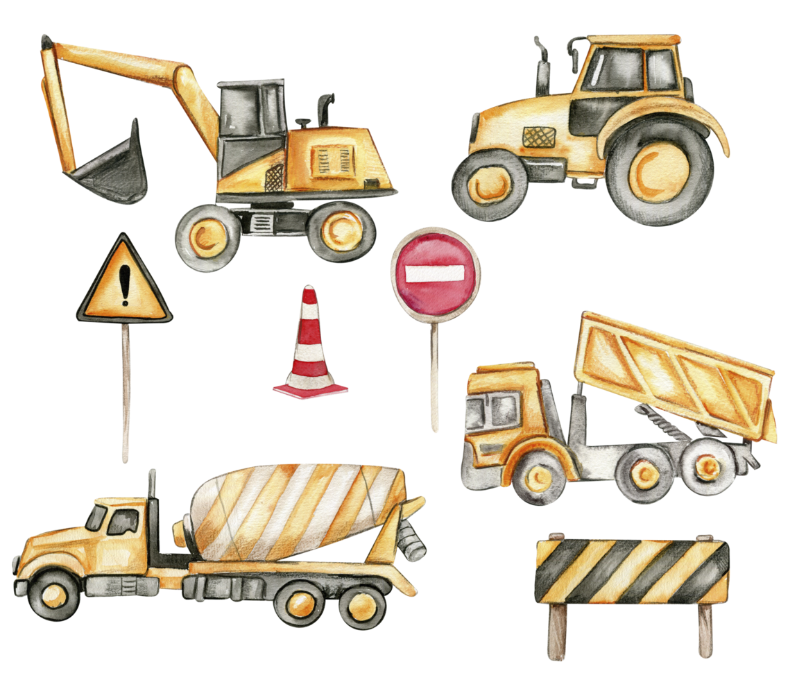 Road signs, yellow concrete mixer, tractor, truck and excavator. png