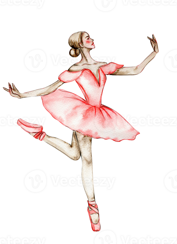 Watercolor dancing ballerina in red dress png