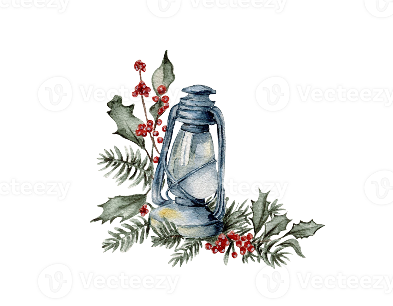 Watercolor winter composition of a lamp, red berries and green branches. png