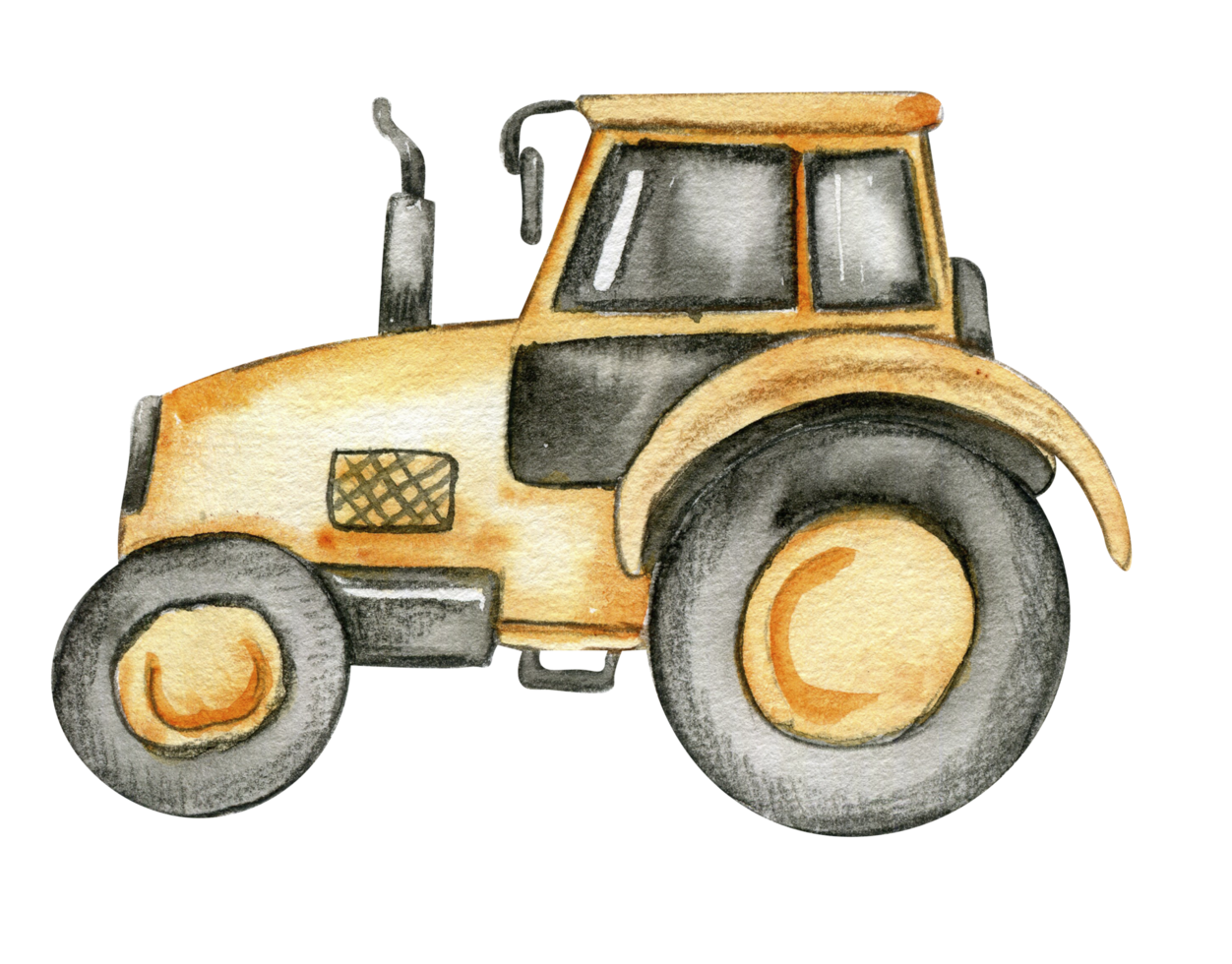 Yellow tractor. Watercolor hand drawn illustration. png