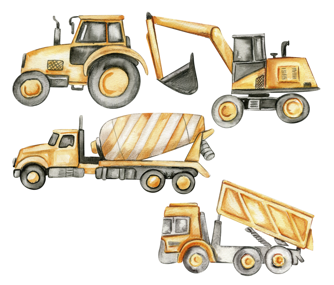 Yellow concrete mixer, tractor, truck and excavator. png