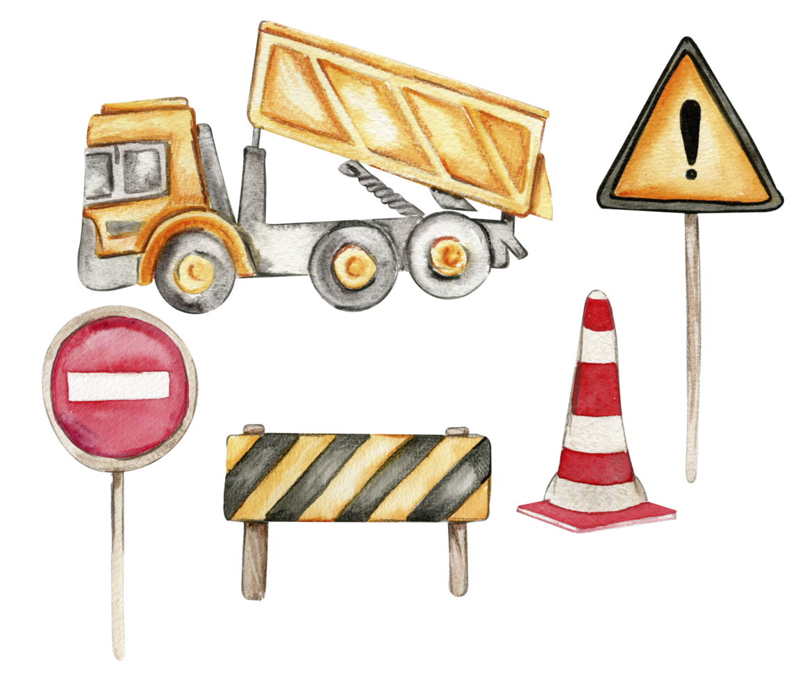 Road signs and yellow truck . Watercolor hand drawn illustration. Perfect for kid posters or stickers. png