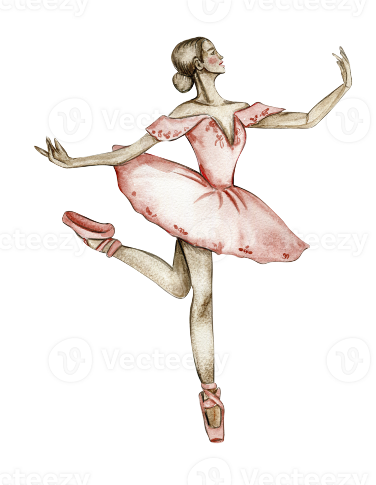 Watercolor dancing ballerina in red dress png
