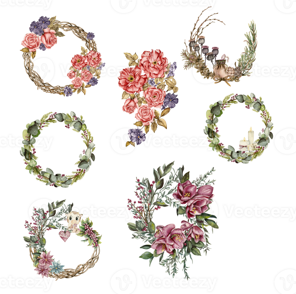 Winter wreath with watercolor dry branches, holly and red berries. png