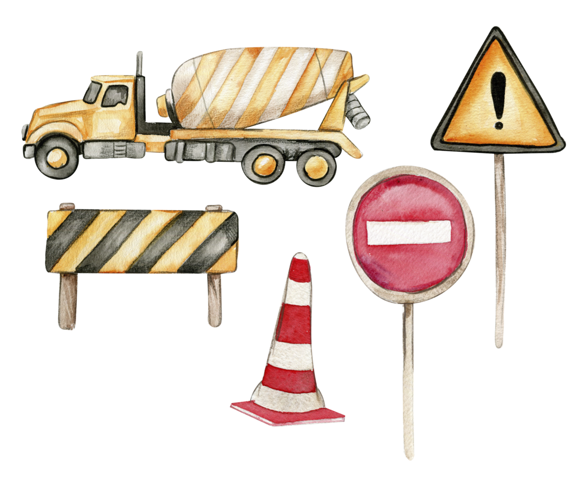 Road signs and yellow concrete mixer. Watercolor hand drawn illustration. png