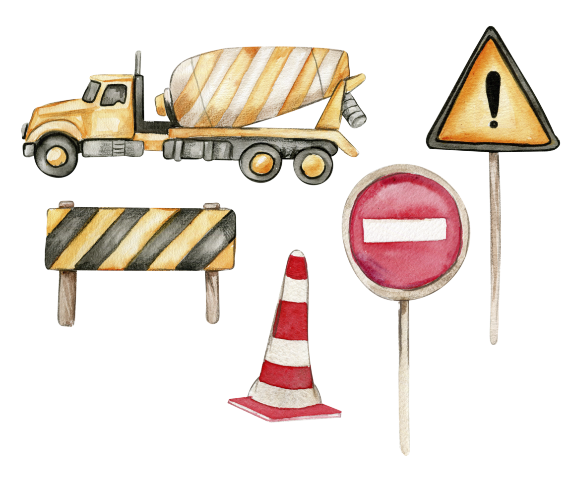 strada segni e giallo calcestruzzo miscelatore. acquerello mano disegnato illustrazione. png