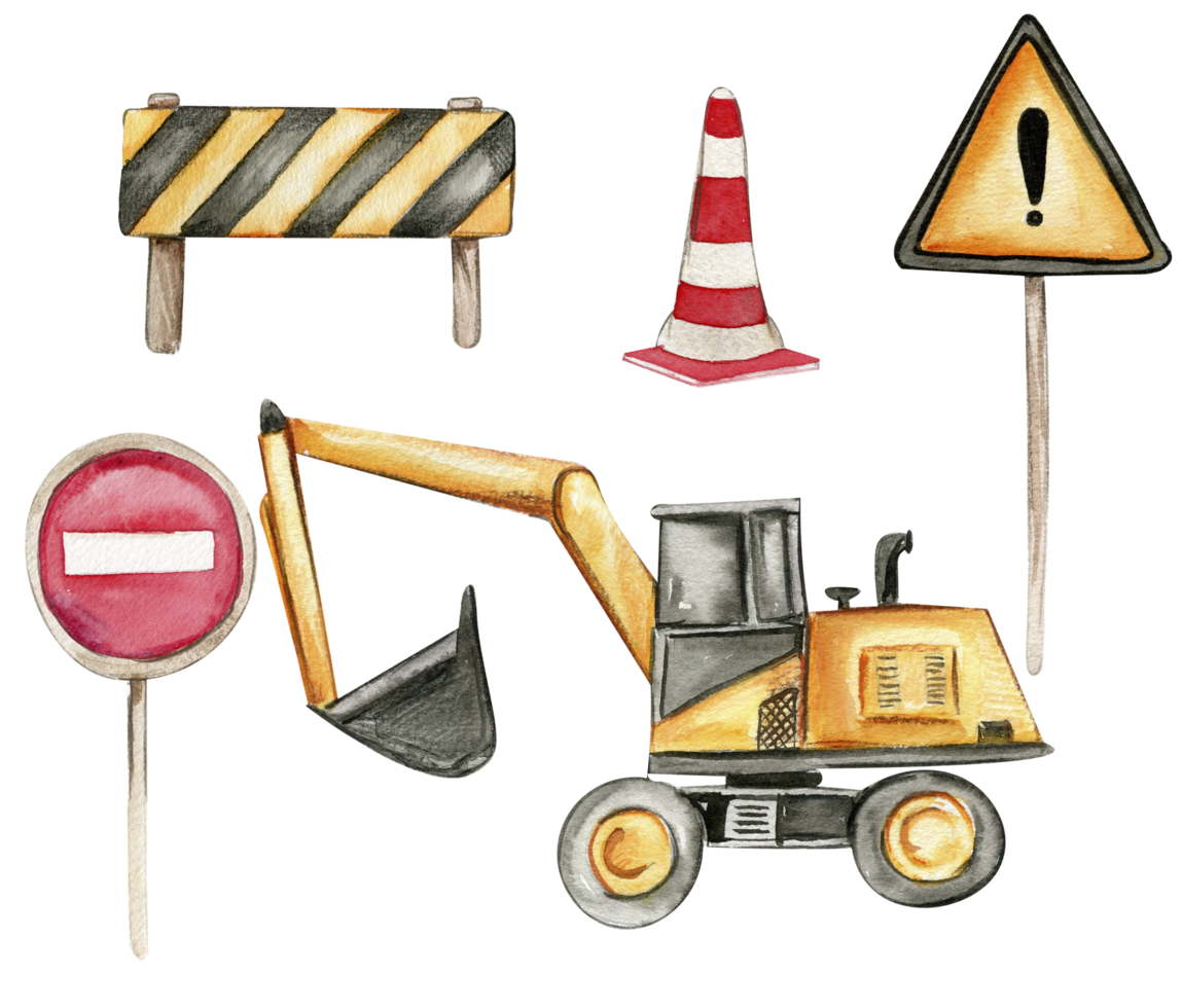 Road signs and yellow excavator. Watercolor hand drawn illustration. png