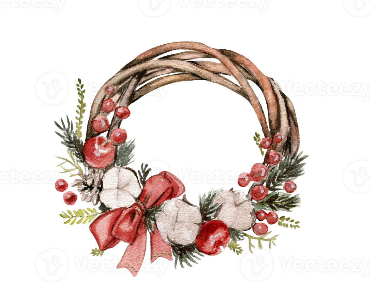 Christmas wreath with fir branches and red flowers. png