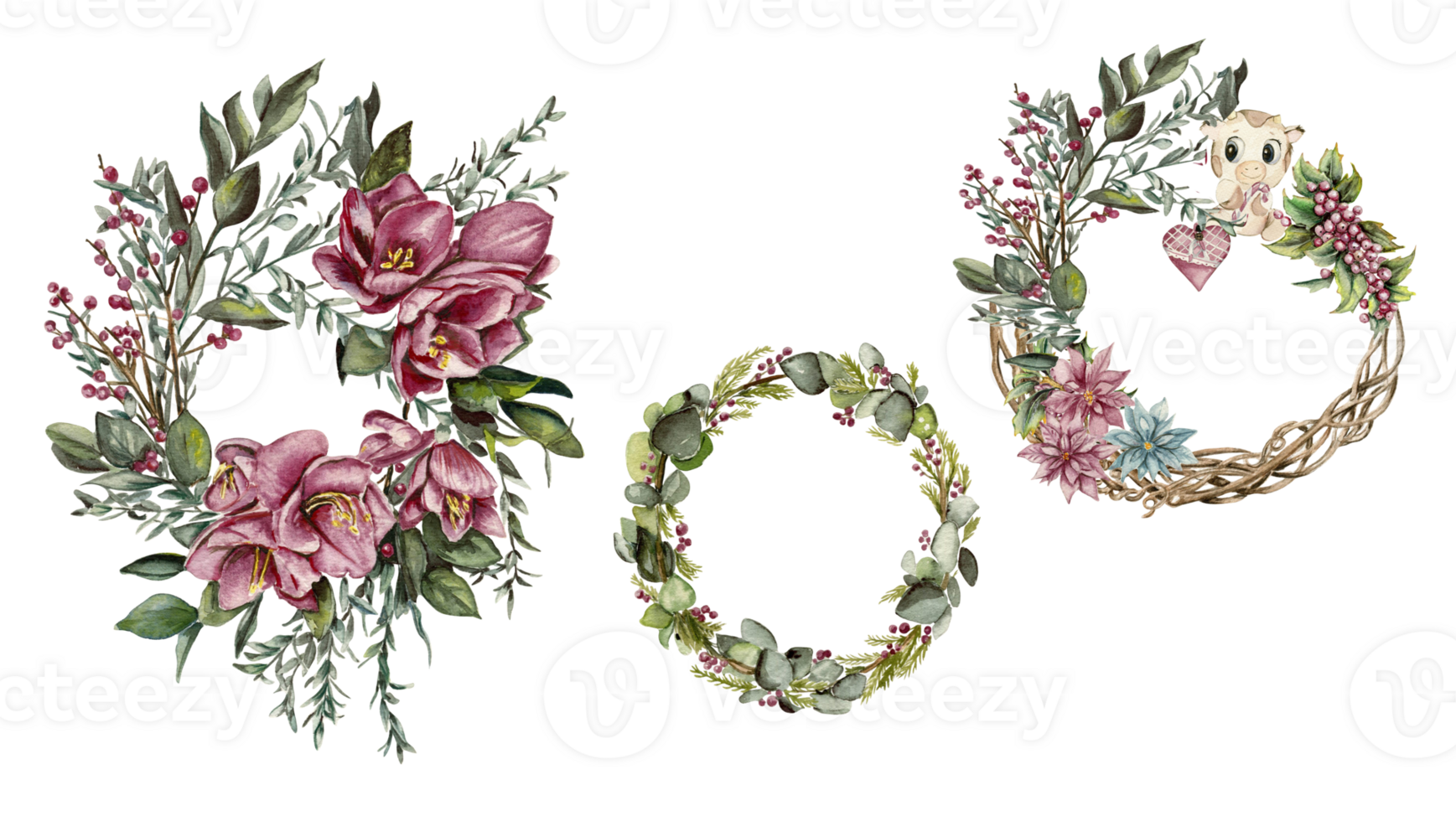 Winter wreath with watercolor dry branches, holly and red berries. png