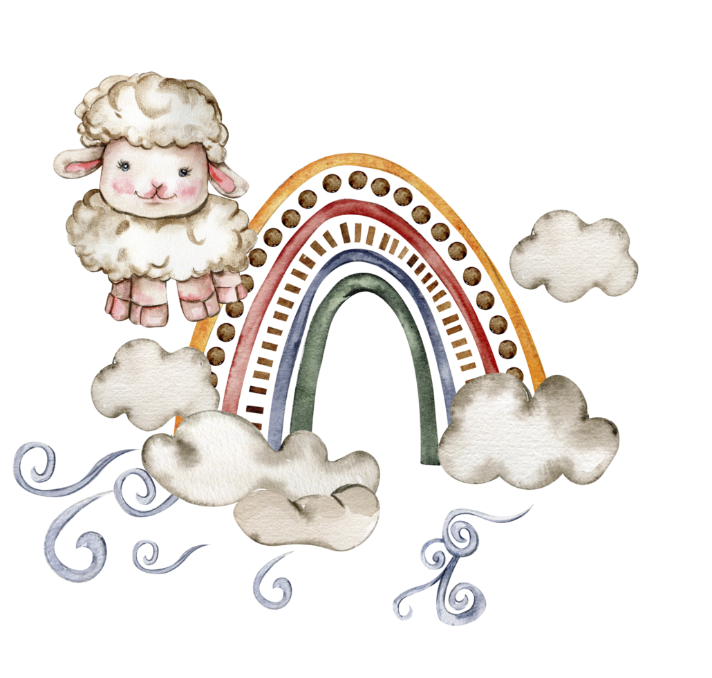 mullido oveja sentado en el arco iris png