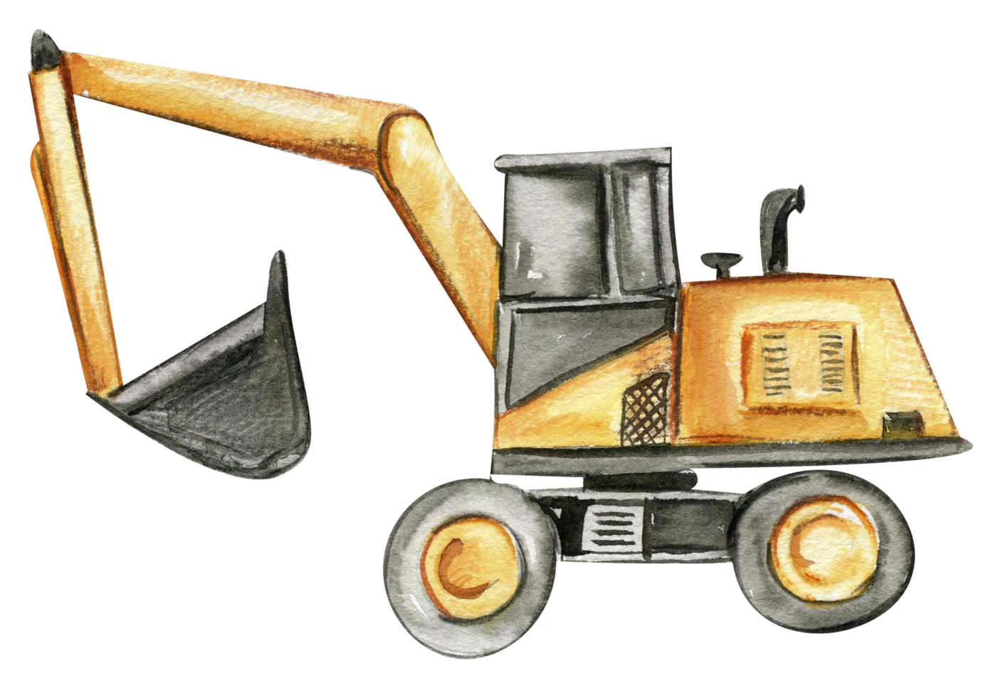 Yellow excavator. Watercolor hand drawn illustration. png