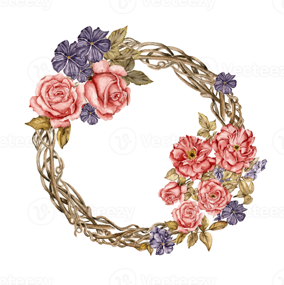 Winter wreath with watercolor dry branches, holly and red berries. png