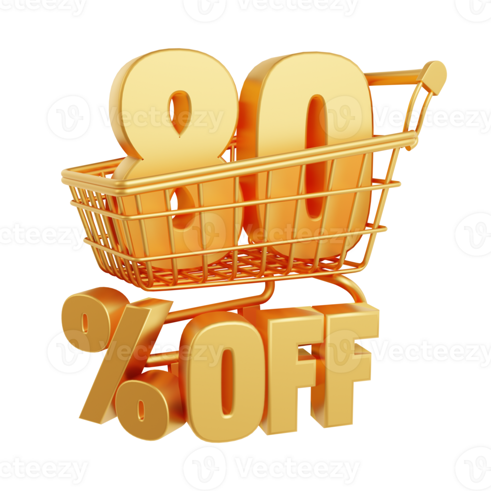 80 percent off. Number 80 inside the shopping cart. Image with discount concept. 3d rendering png