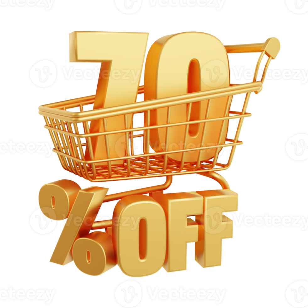 70 percent off. Number 70 inside the shopping cart. Image with discount concept. 3d rendering png