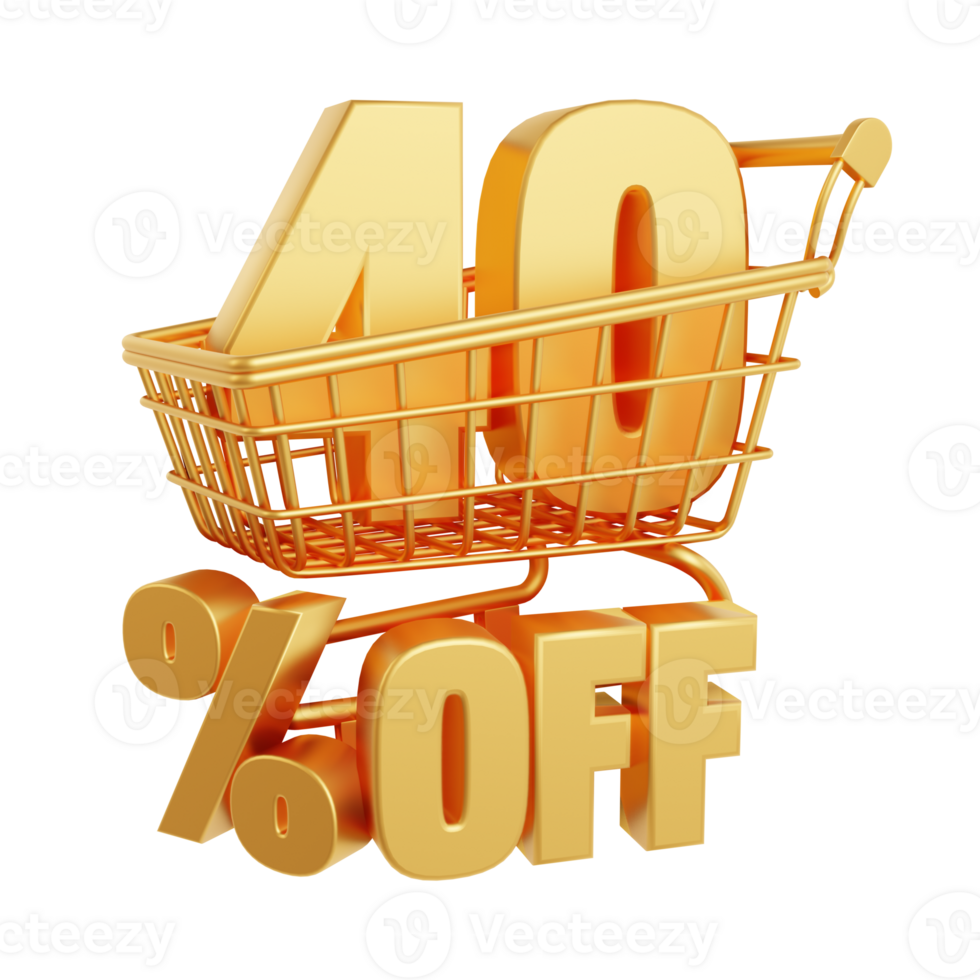 40 percent off. Number 40 inside the shopping cart. Image with discount concept. 3d rendering png