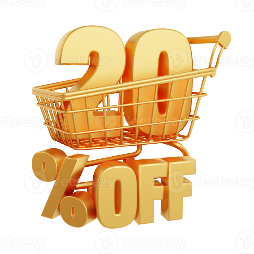 20 percent off. Number 20 inside the shopping cart. Image with discount concept. 3d rendering png