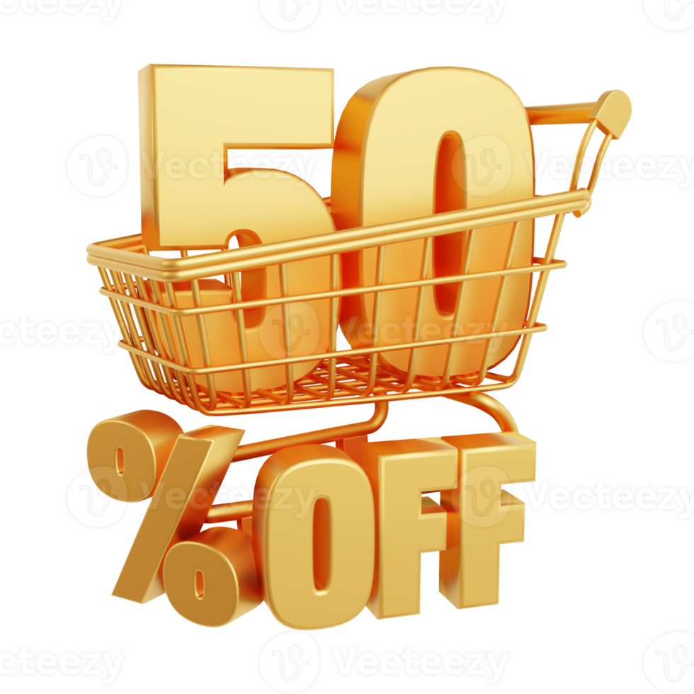 50 percent off. Number 50 inside the shopping cart. Image with discount concept. 3d rendering png