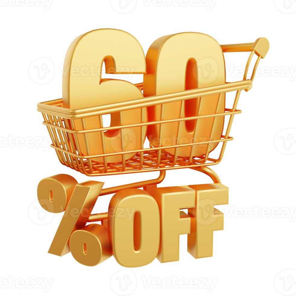 60 percent off. Number 60 inside the shopping cart. Image with discount concept. 3d rendering png