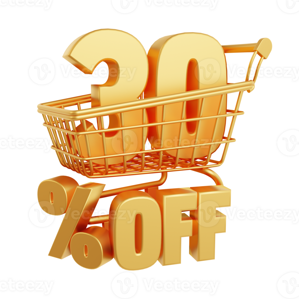 30 percent off. Number 30 inside the shopping cart. Image with discount concept. 3d rendering png