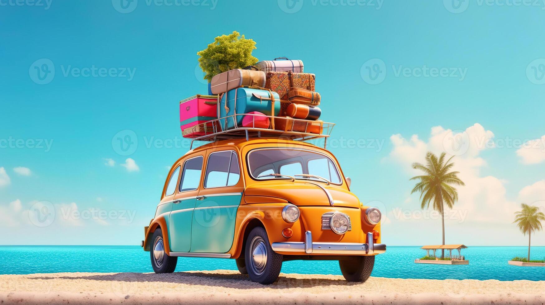 pequeño retro coche con equipaje, equipaje y playa equipo en el techo, completamente lleno, Listo para verano vacaciones. generativo ai foto