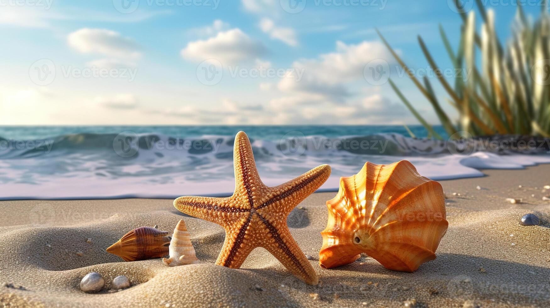 Two starfish and shells on an empty beach. photo