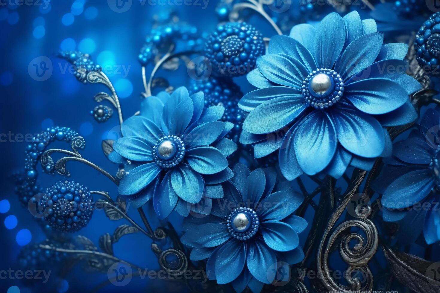 Blue flowers with ornaments on blue background. photo