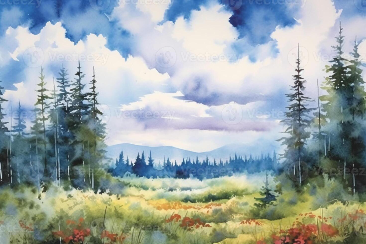 A watercolor landscape painting, blue sky, clouds, light and airy, wilderness. photo