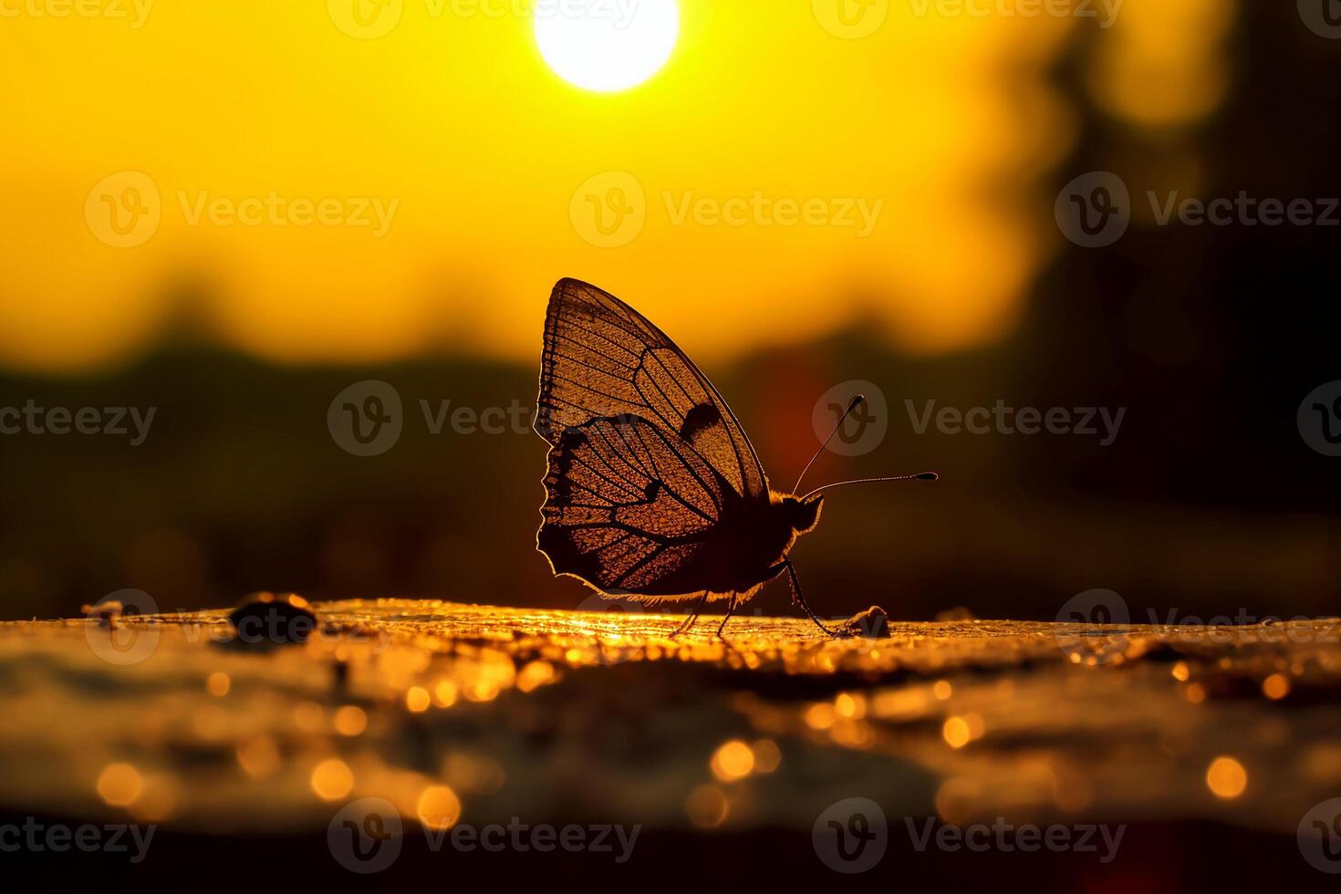 One butterfly stands silhouetted against a yellow sunset. photo
