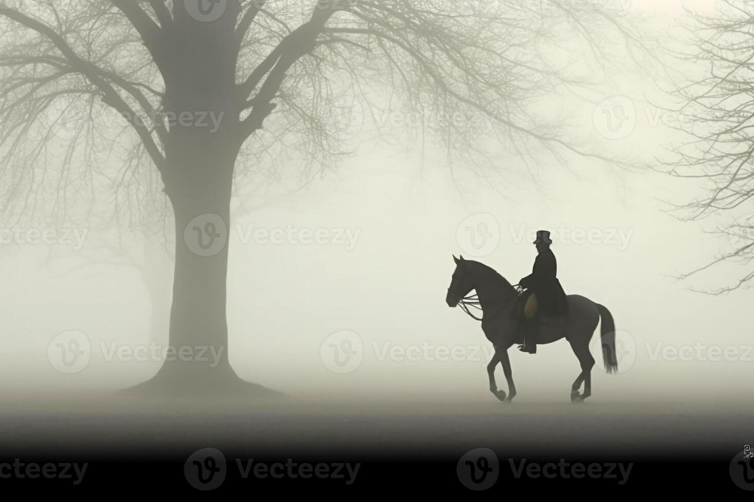 Soldier on a horse, foggy area, silhouette. photo