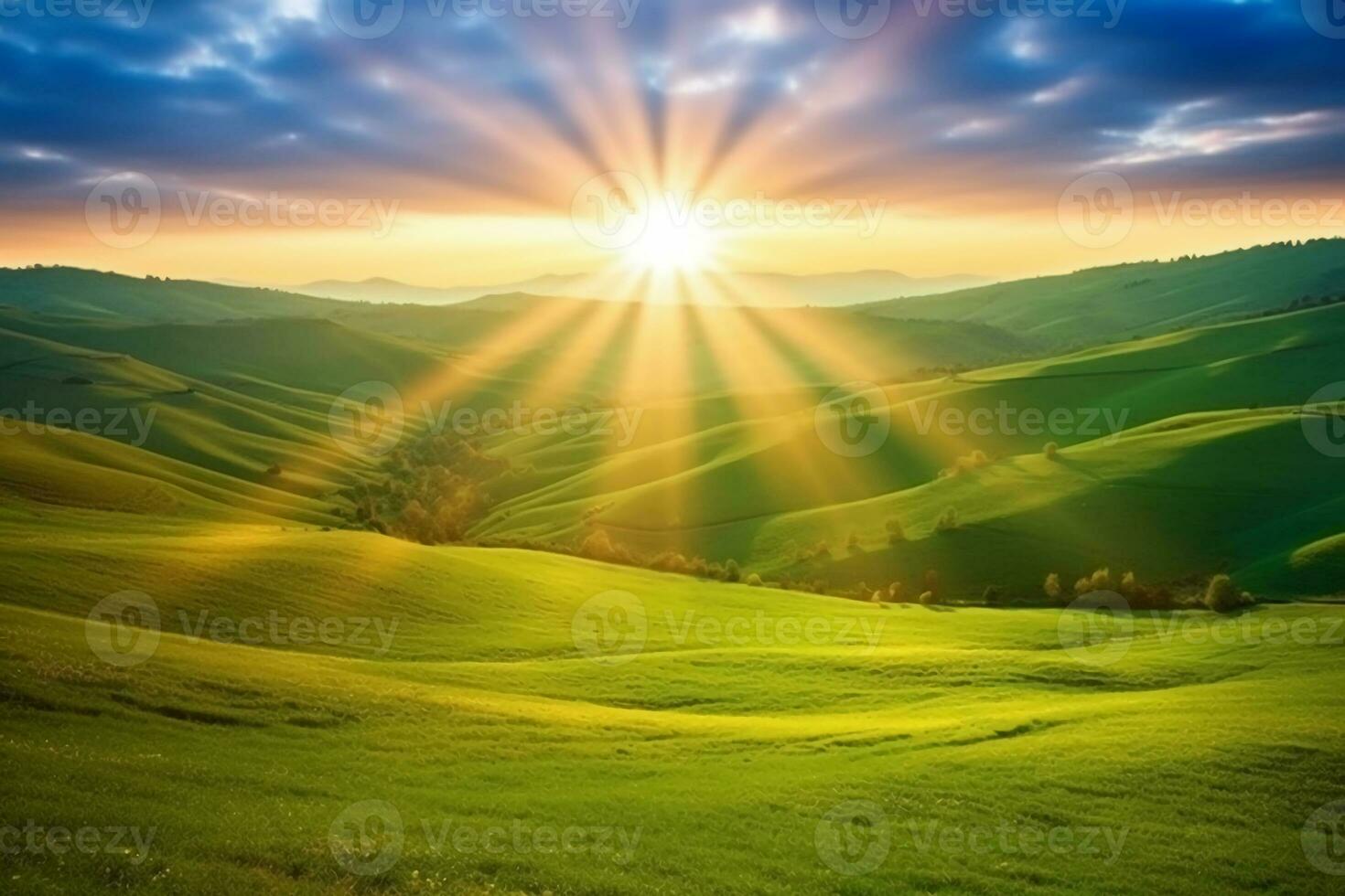 The sun rises over a hillside with grassy fields and an area with a hill. AI generative photo