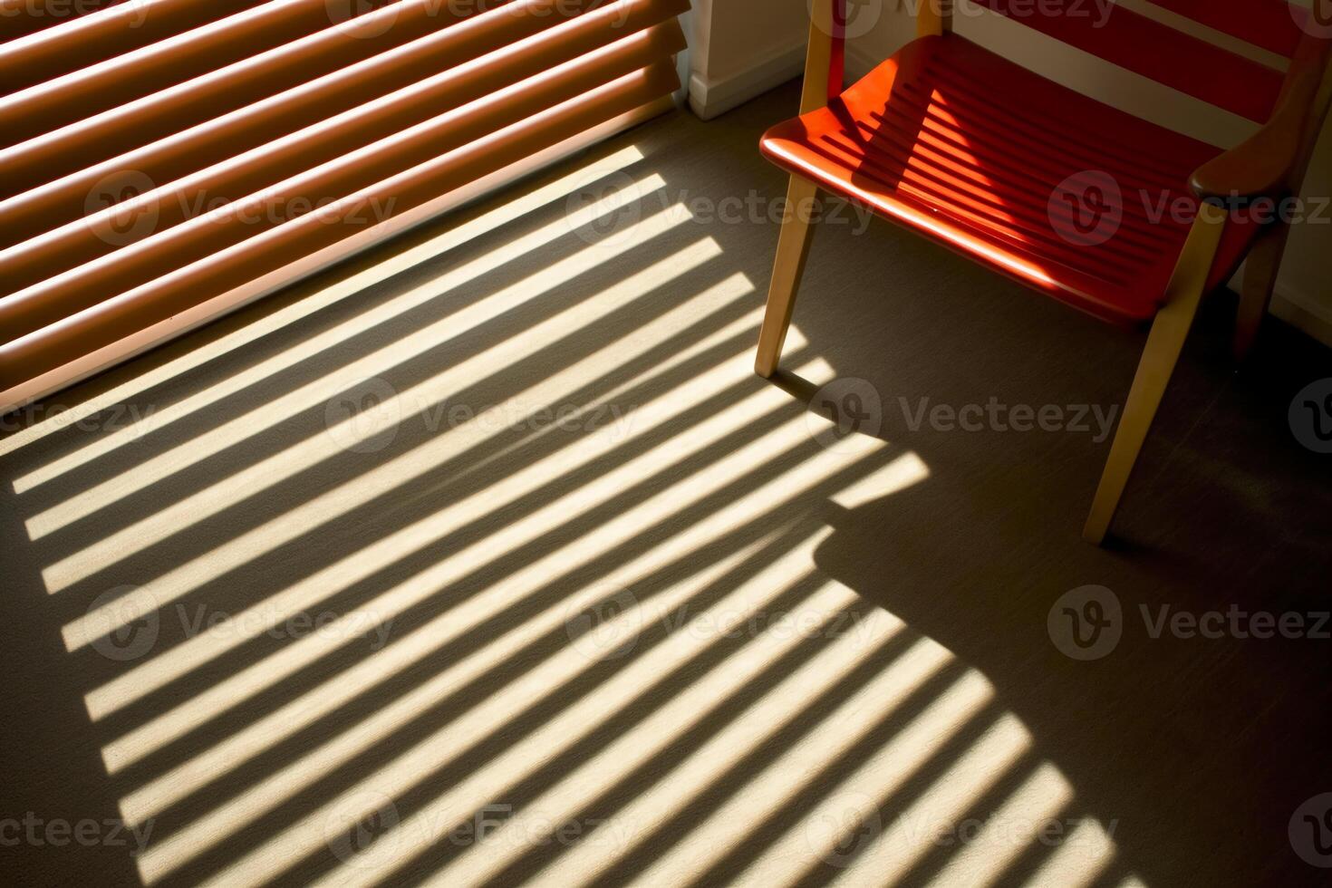 Striped shadows cast by blinds on a sunlit office floor. AI generative photo