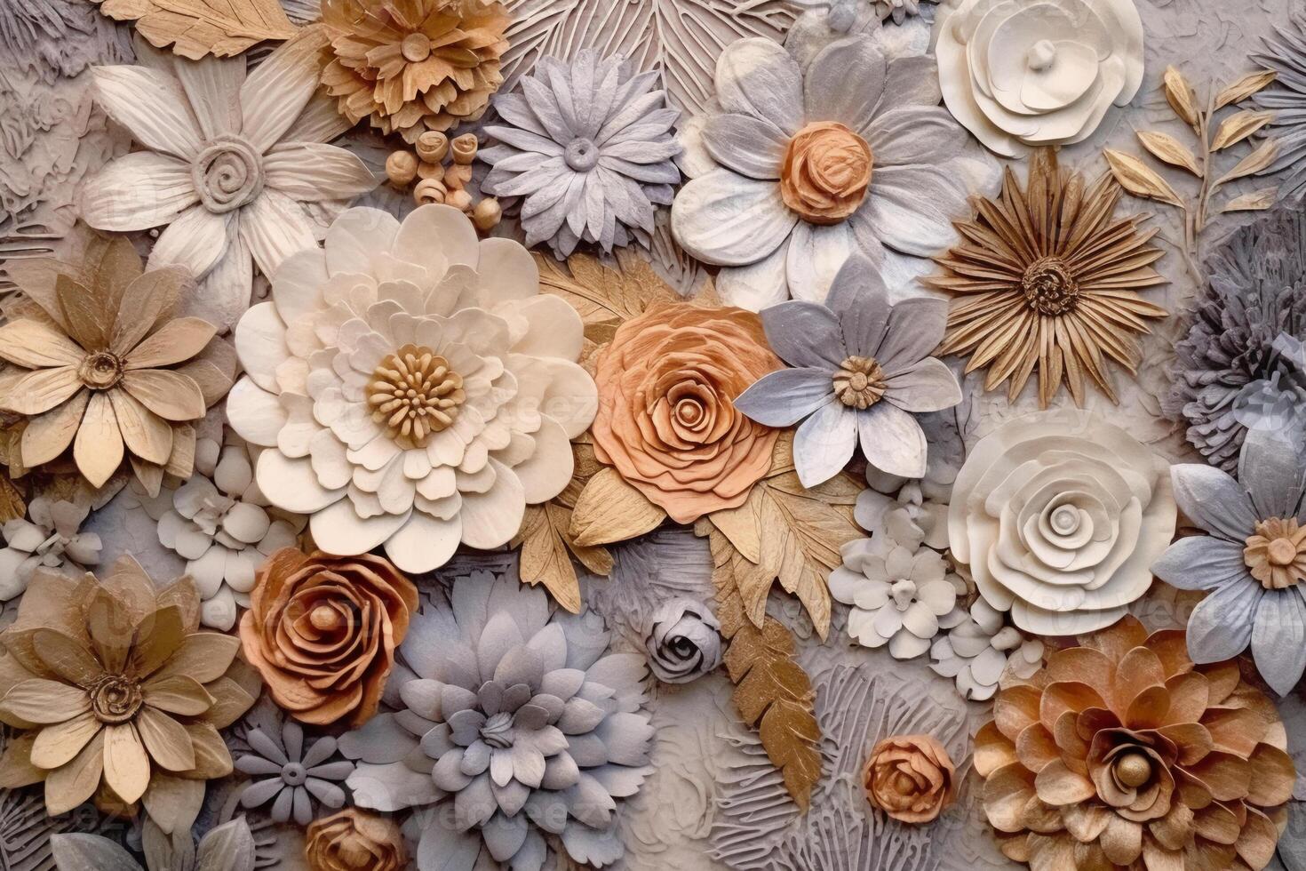 Boho wall texture, pastel earthy colors, brown flowers. photo