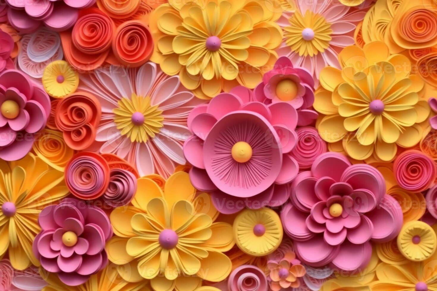 3D yellow and pink flowers layered forms, paper quilting pattern, vibrant colors. photo