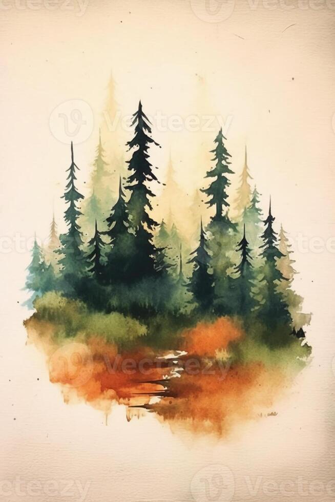 Simple forest design in water color style paitning. AI gnerative photo