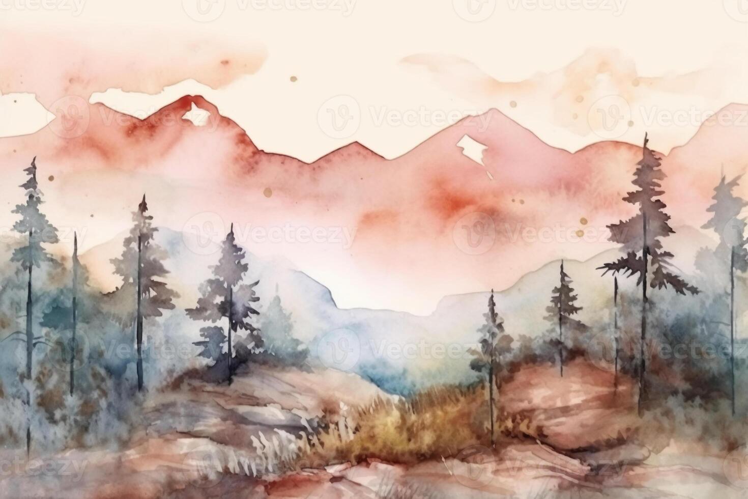 Watercolor boho style mountain landscape, minimalistic, vintage with muted colors. photo
