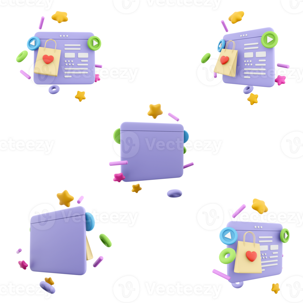 3d rendering Online shopping in Happy Valentines Day icon set. 3d render purple site with gifts for your beloved different positions icon set. png
