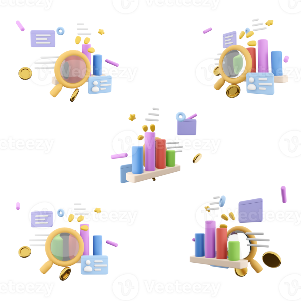 3d rendering detailed study of the histogram with a magnifying glass icon set. 3d render bar chart with confetti and notification different positions icon set. png