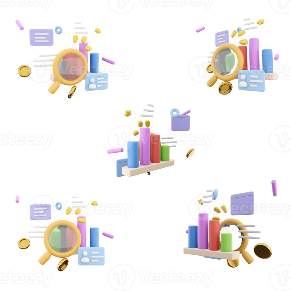 3d renderen gedetailleerd studie van de histogram met een vergroten glas icoon set. 3d geven bar tabel met confetti en kennisgeving verschillend standen icoon set. png