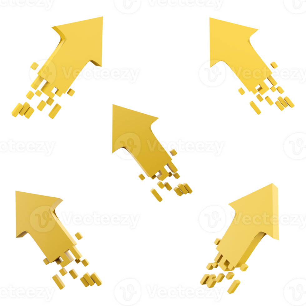 3d rendering yellow arrow icon set. 3d render arrow pointer different positions icon set. png