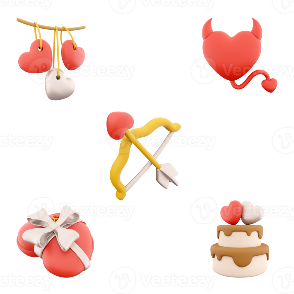 3d Rendern hängend Herzen, Teufel Herz, Amor ist Pfeil und Bogen, Spielzeug tragen, rot Geschenk Box Symbol Satz. 3d machen Valentinstag Tag Konzept Symbol Satz. png