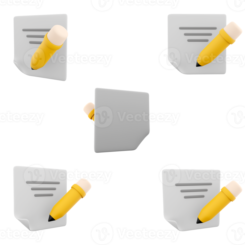 3d rendering document with pencil icon set. 3d render notepad, notebook with notes and yellow pencil different positions icon set. png