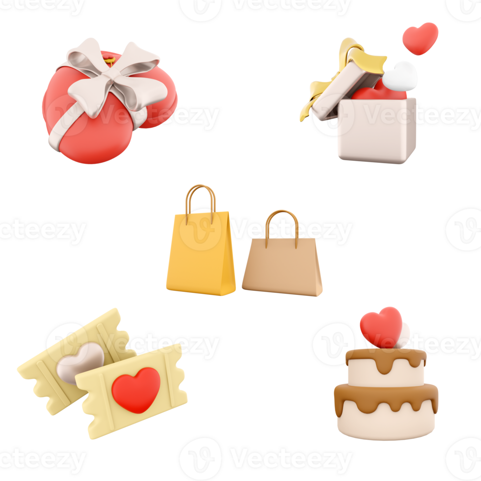 3d rendering gift box with hearts, shopping bags, love tickets, cake with heart on top icon set. 3d render Valentine's Day Concept icon set. png