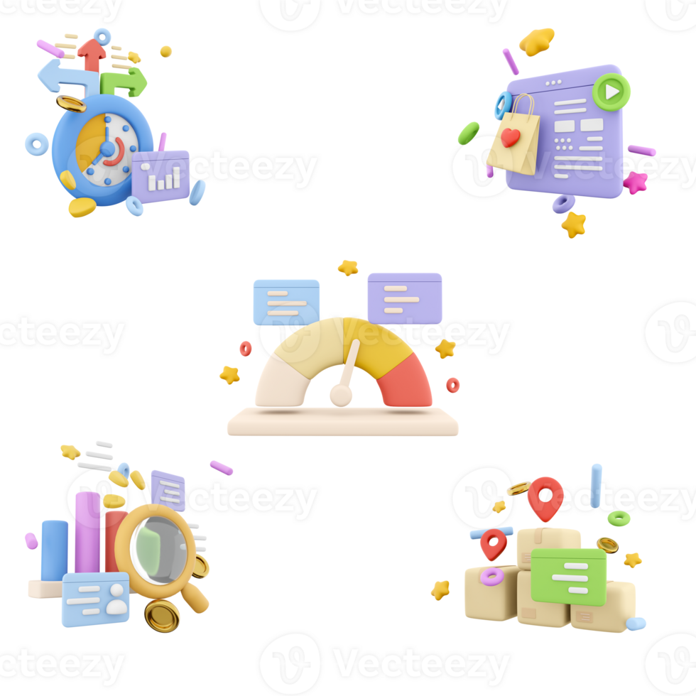 3d Rendern Timer mit Pfeile, online Einkaufen, Tachometer mit Neigung, Vorsichtig Studie von das Bar Graph, Lieferung von Pakete zu das ernannt Platz Symbol Satz. 3d machen Geschäft Konzept Symbol Satz. png